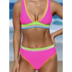 New W/Tag Hilinker Color-block Neon Pink, Yellow & Blue, 2Pc Swimsuit, Sz. Small